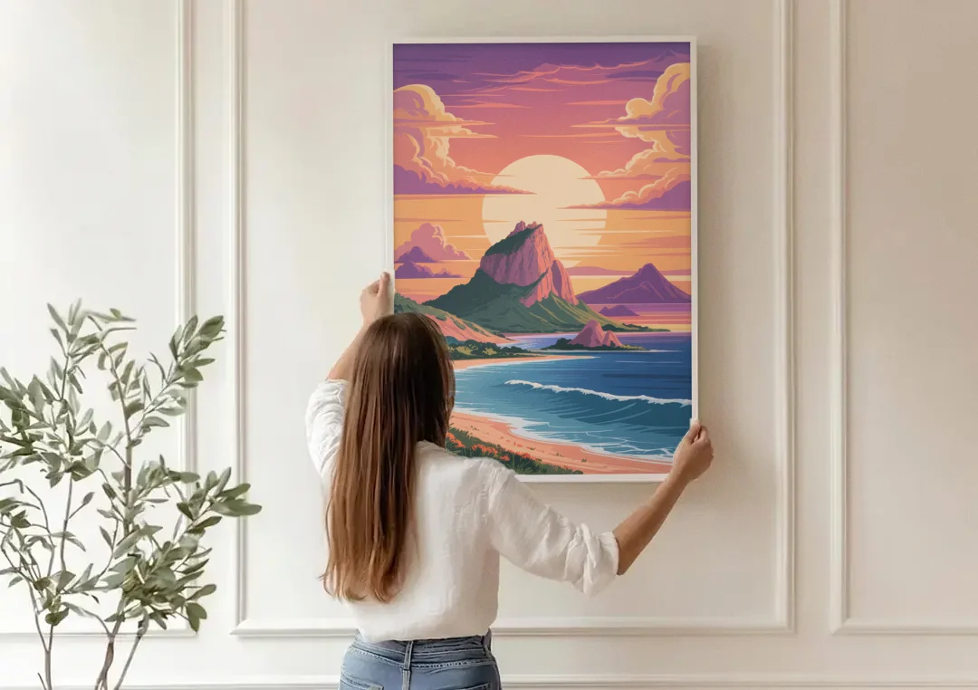 Cerro del Crestón Sunset canvas wall art being hung on a paneled wall