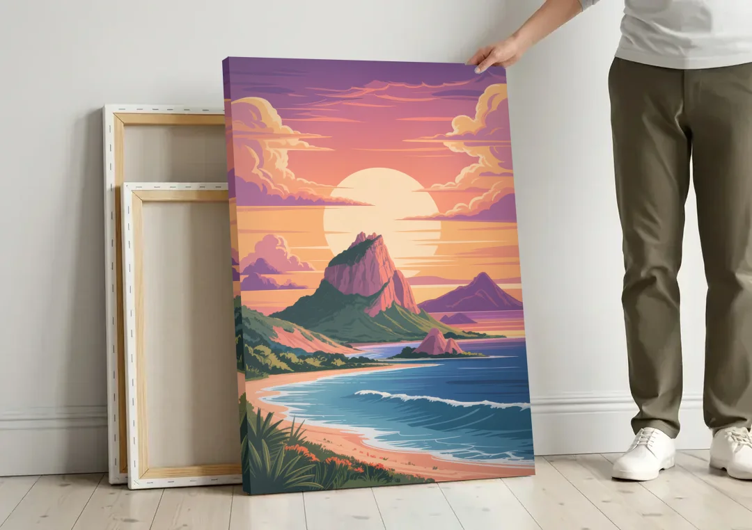 Cerro del Crestón Sunset canvas wall art leaning against a wall next to blank canvases