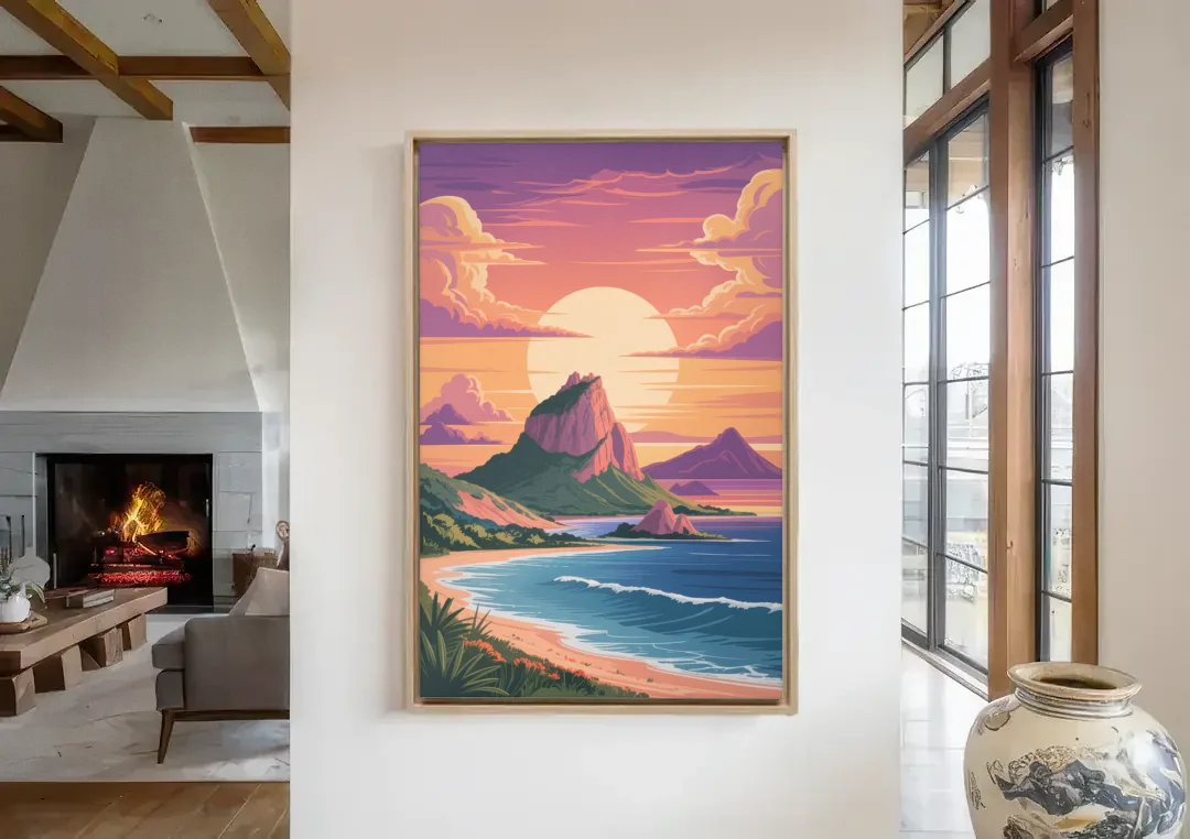 Cerro del Crestón Sunset canvas wall art in a living room with a fireplace