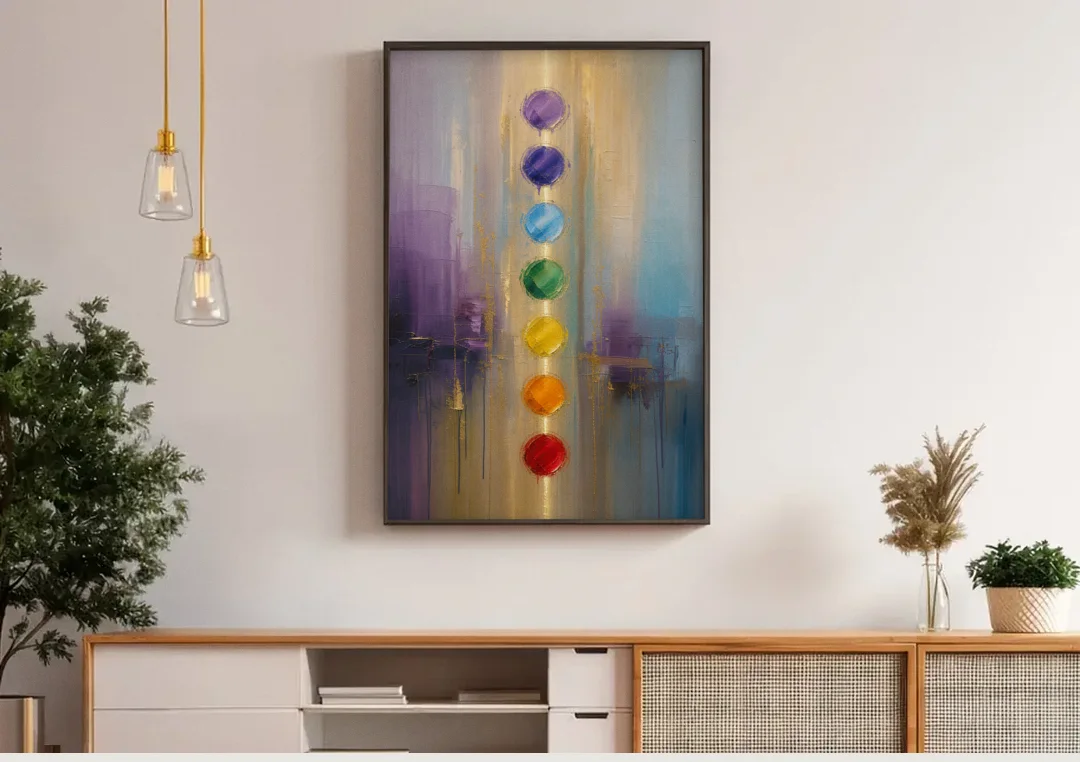 Chakra Painting with Golden Light Column canvas wall art above a wooden sideboard under pendant lights
