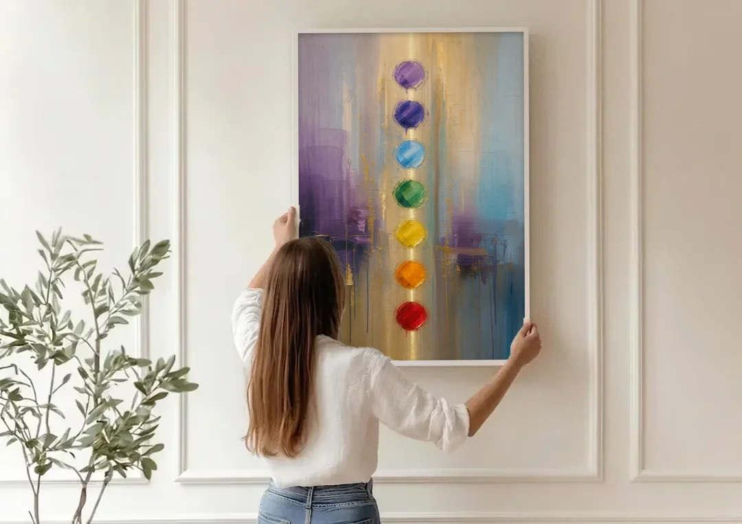 Chakra Painting with Golden Light Column canvas wall art being hung on a paneled wall