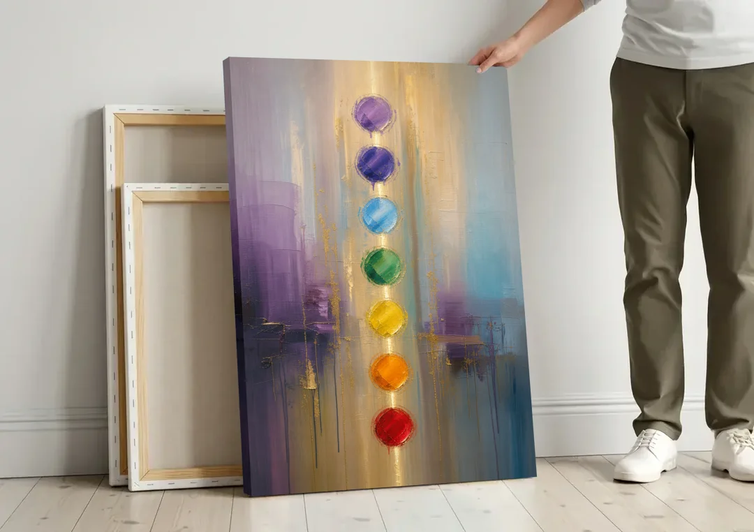 Chakra Painting with Golden Light Column canvas wall art leaning against a wall next to blank canvases