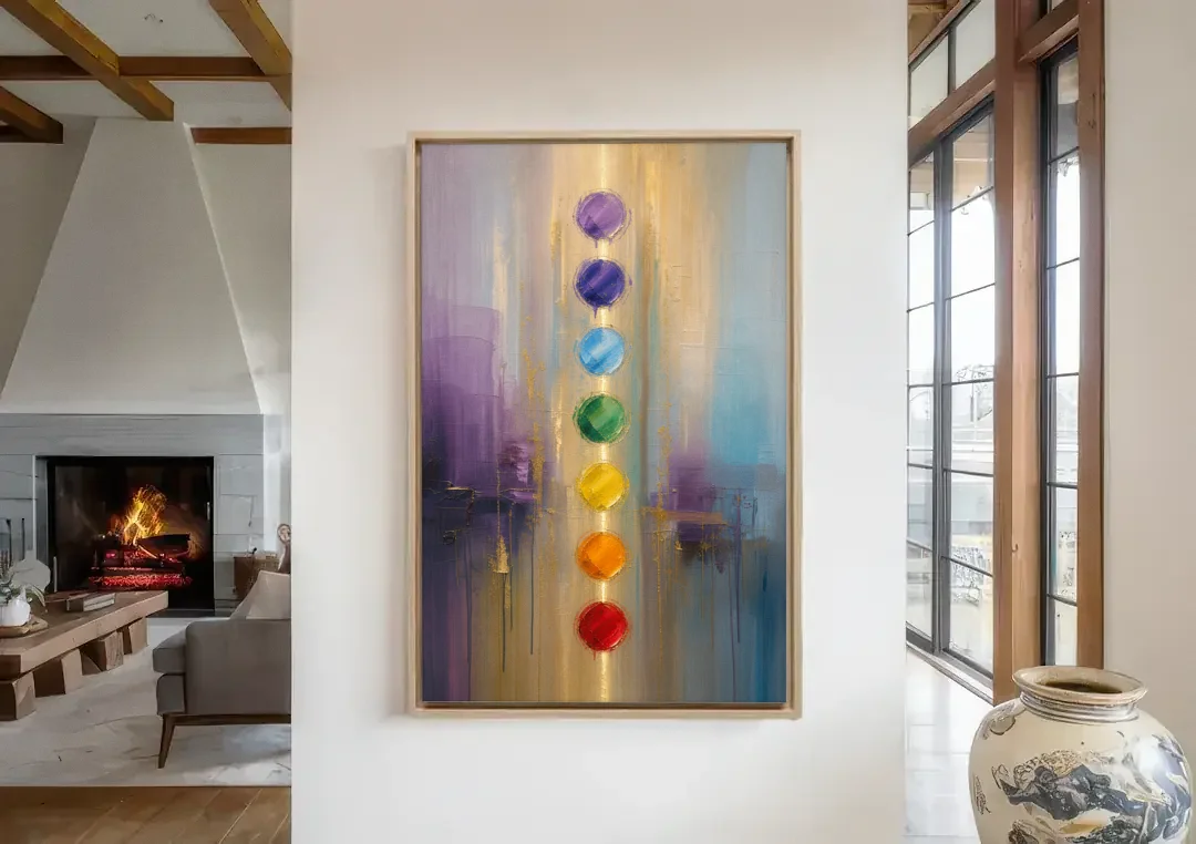 Chakra Painting with Golden Light Column canvas wall art in a living room with a fireplace