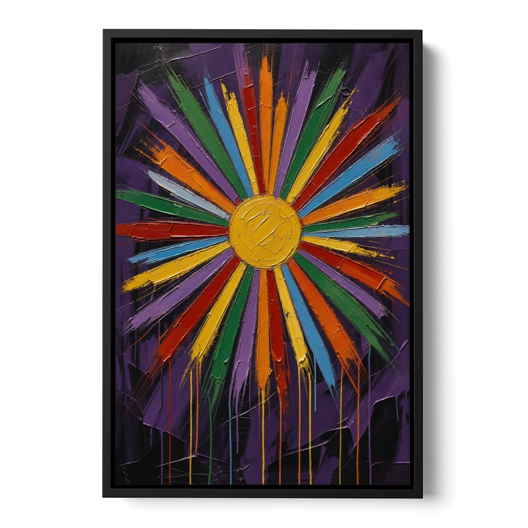 Chakra Wall Art Sunburst with Dripping Rays - Black Framed Canvas Wall Art - Front