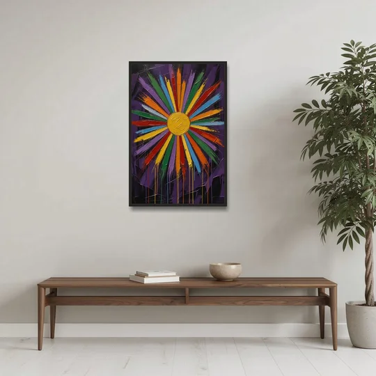 Chakra Wall Art Sunburst with Dripping Rays - Black Framed Canvas Wall Art - Coffee Table - 24x36