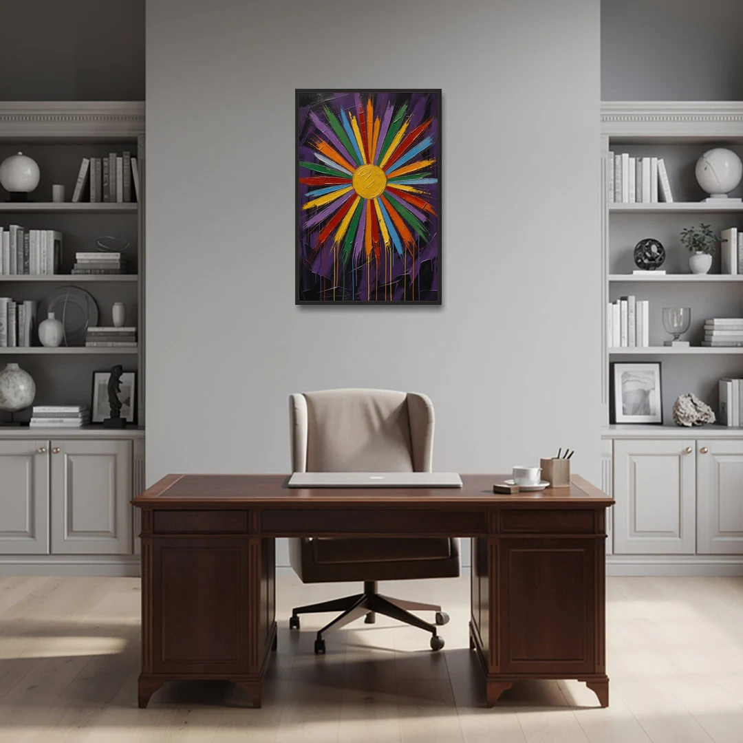 Chakra Wall Art Sunburst with Dripping Rays - Black Framed Canvas Wall Art - Office - 24x36