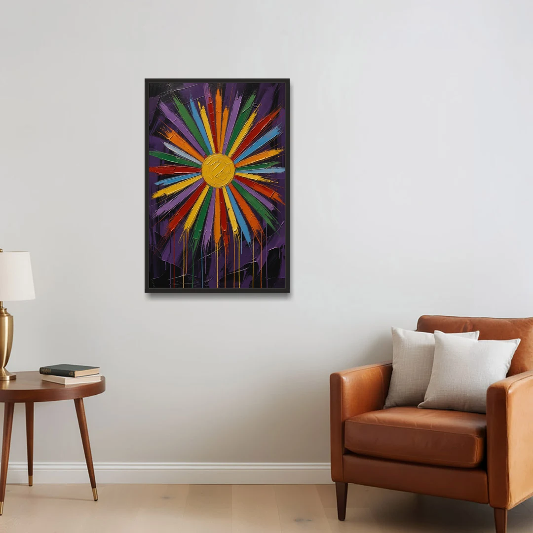 Chakra Wall Art Sunburst with Dripping Rays - Black Framed Canvas Wall Art - Sofa - 24x36