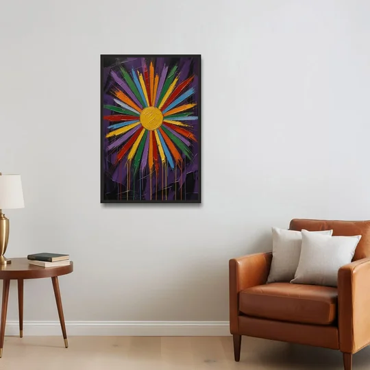 Chakra Wall Art Sunburst with Dripping Rays - Black Framed Canvas Wall Art - Sofa - 24x36