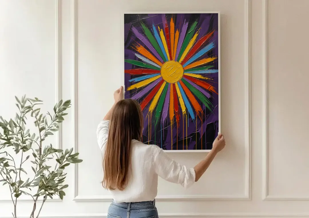 Chakra Wall Art Sunburst with Dripping Rays canvas wall art being hung on a paneled wall