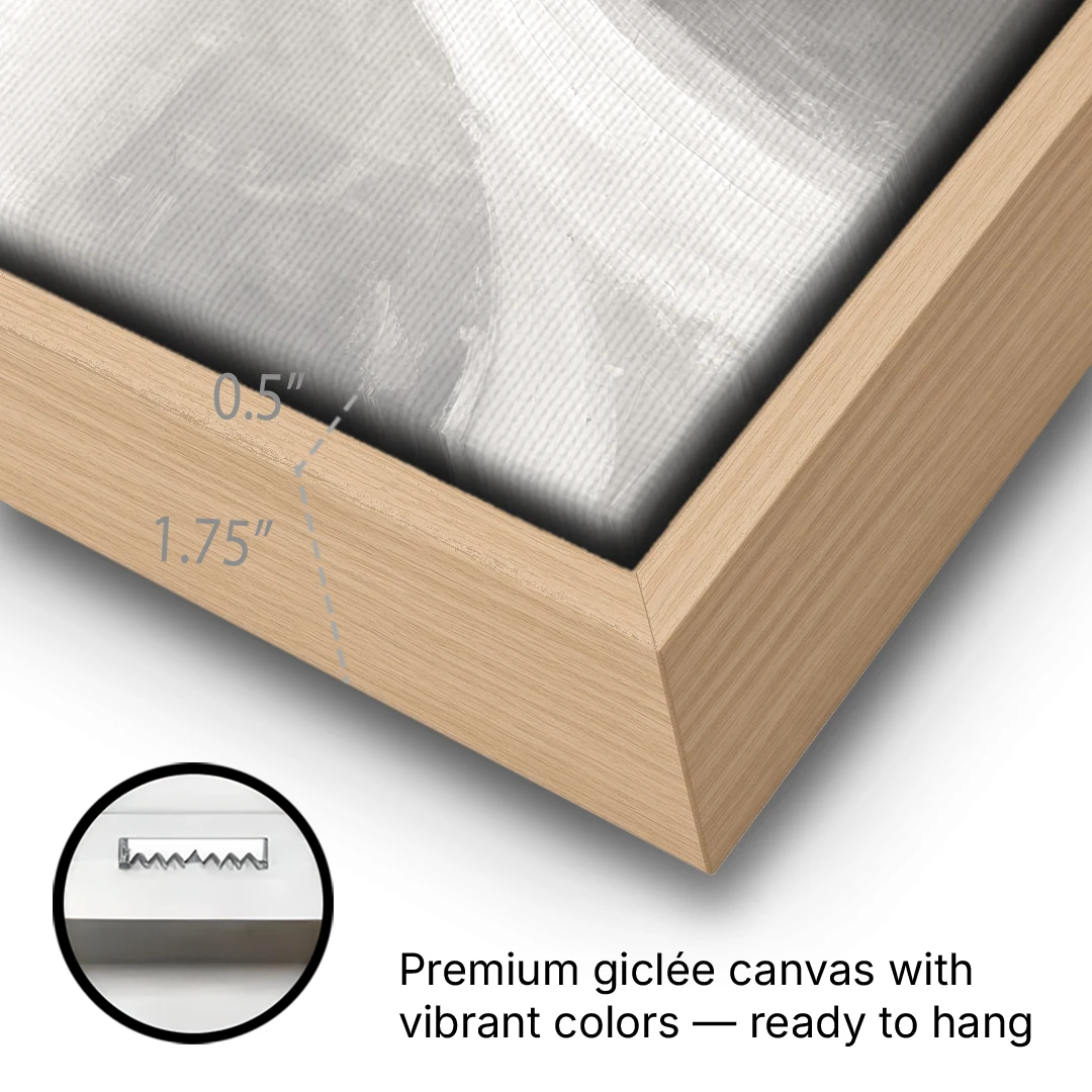 Abstract Chalk White Arc in Gray Mist for the Living Room - Oak Framed Canvas Wall Art - Gallery Wrap Corner