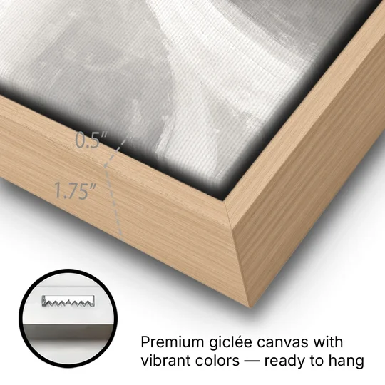 Abstract Chalk White Arc in Gray Mist for the Living Room - Oak Framed Canvas Wall Art - Gallery Wrap Corner