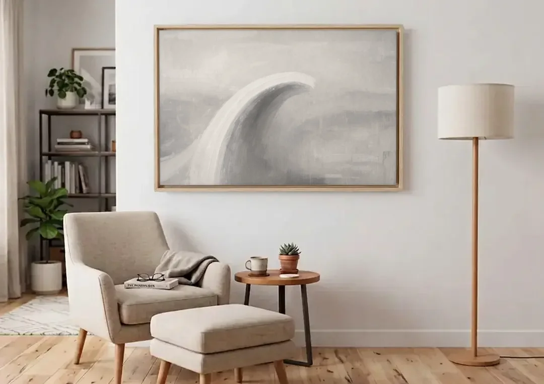 Abstract Chalk White Arc in Gray Mist for the Living Room canvas wall art above an armchair in a bright living room