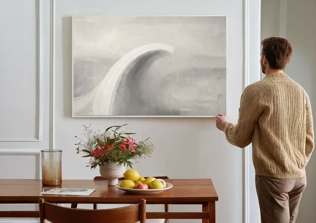 Abstract Chalk White Arc in Gray Mist for the Living Room canvas wall art above a dining table