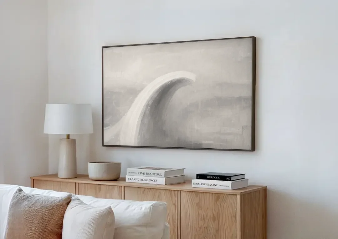 Abstract Chalk White Arc in Gray Mist for the Living Room canvas wall art above a wooden sideboard next to a sofa