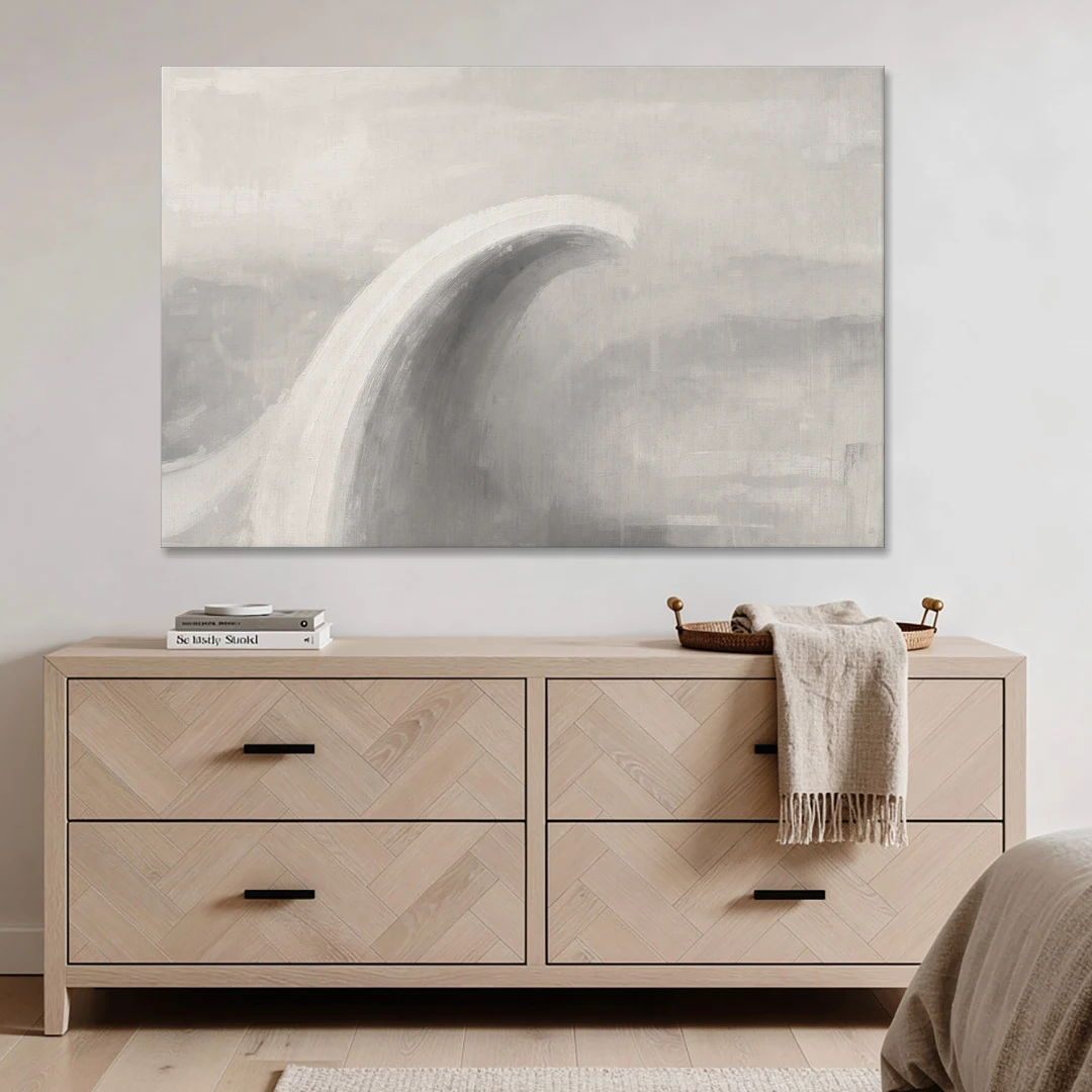 Abstract Chalk White Arc in Gray Mist for the Living Room - Canvas Wall Art - Coffee Table - 60x40