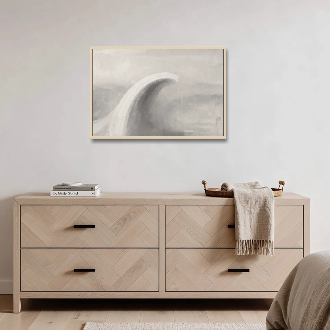Abstract Chalk White Arc in Gray Mist for the Living Room - Oak Framed Canvas Wall Art - Coffee Table - 36x24
