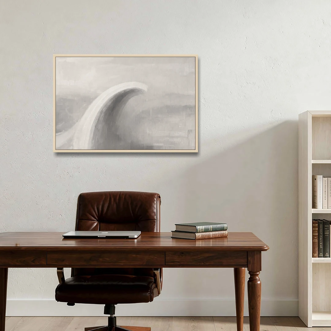 Abstract Chalk White Arc in Gray Mist for the Living Room - Oak Framed Canvas Wall Art - Office - 36x24