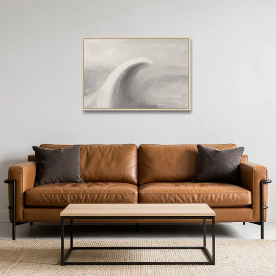 Abstract Chalk White Arc in Gray Mist for the Living Room - Oak Framed Canvas Wall Art - Sofa - 36x24