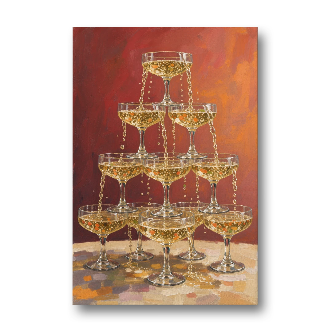 Champagne Coupe Tower Overflowing with Bubbles - Canvas Wall Art - Front