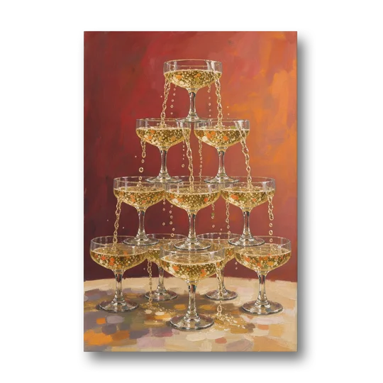 Champagne Coupe Tower Overflowing with Bubbles - Canvas Wall Art - Front