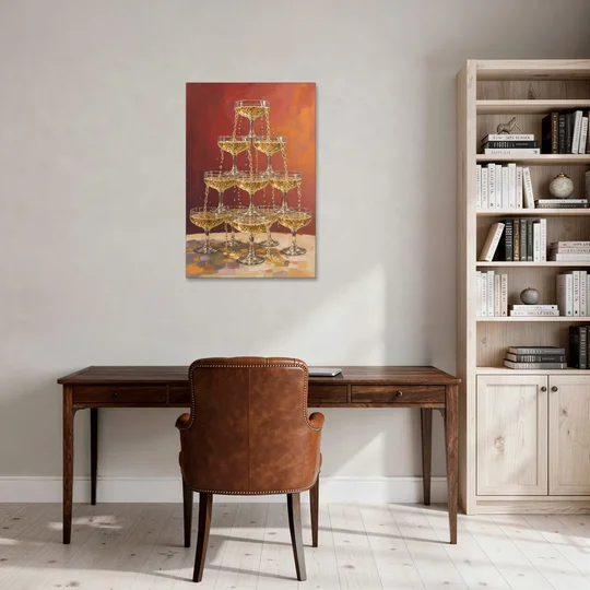 Champagne Coupe Tower Overflowing with Bubbles - Canvas Wall Art - Office - 24x36