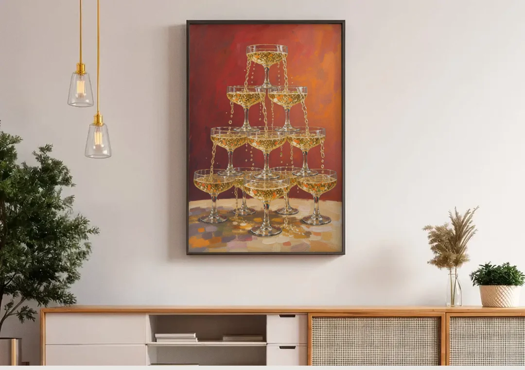 Champagne Coupe Tower Overflowing with Bubbles canvas wall art above a wooden sideboard under pendant lights
