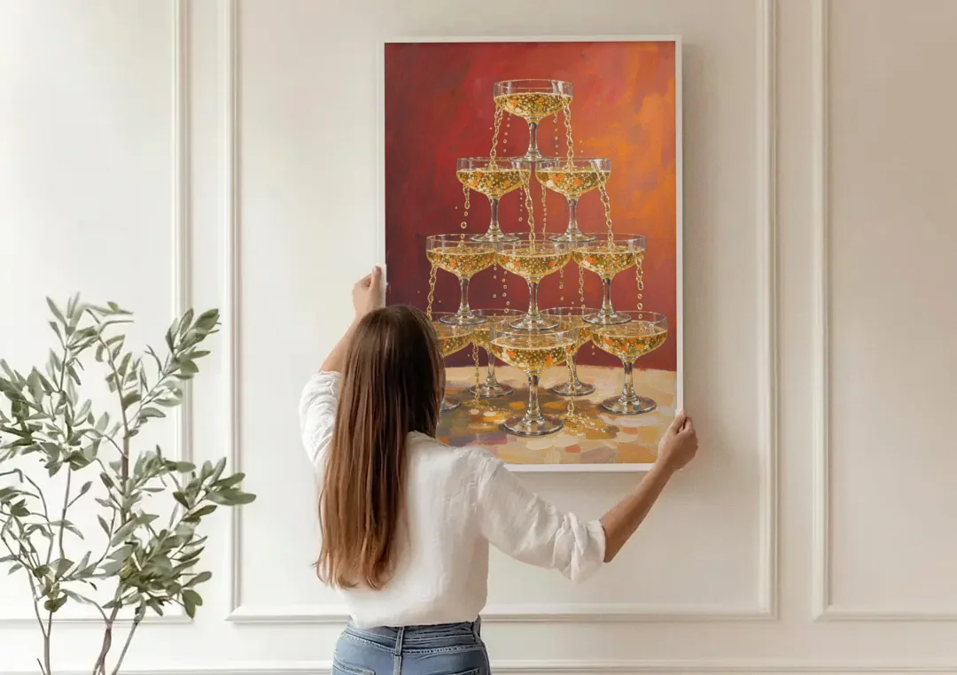 Champagne Coupe Tower Overflowing with Bubbles canvas wall art being hung on a paneled wall