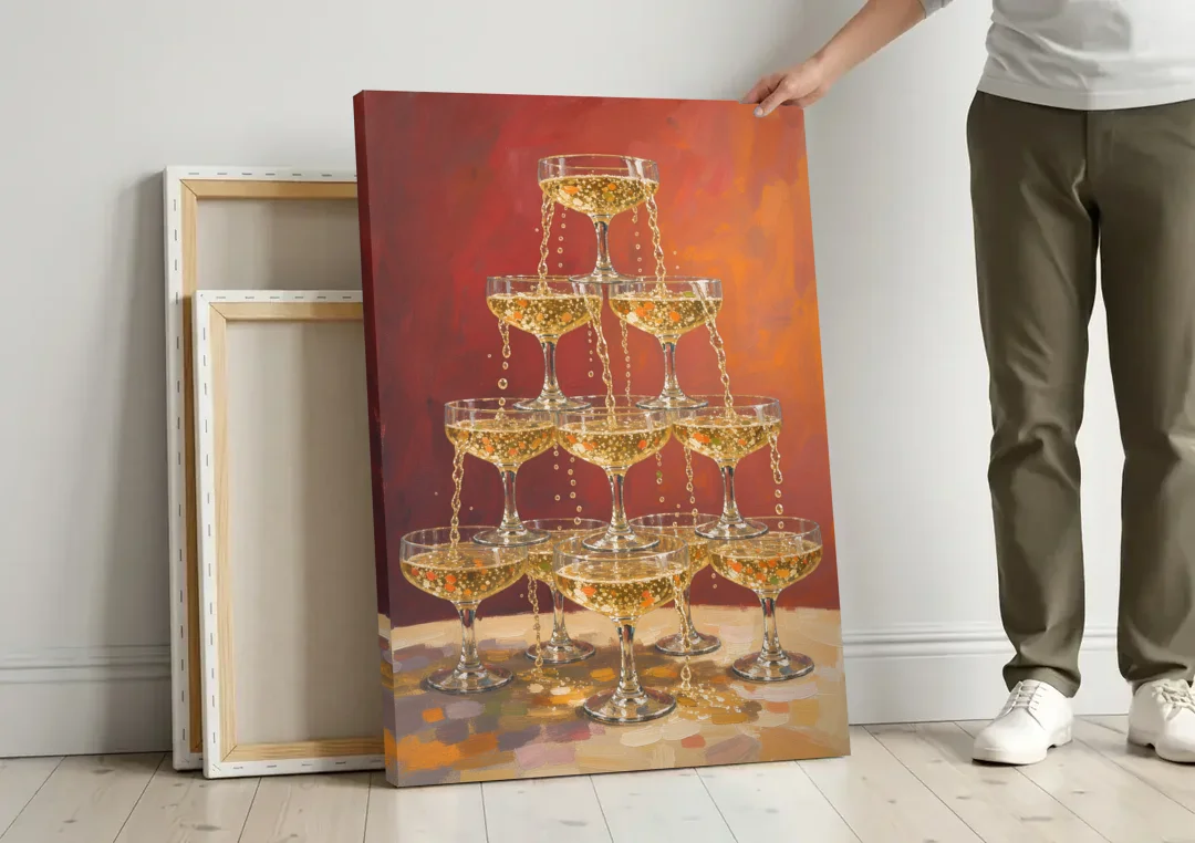 Champagne Coupe Tower Overflowing with Bubbles canvas wall art leaning against a wall next to blank canvases