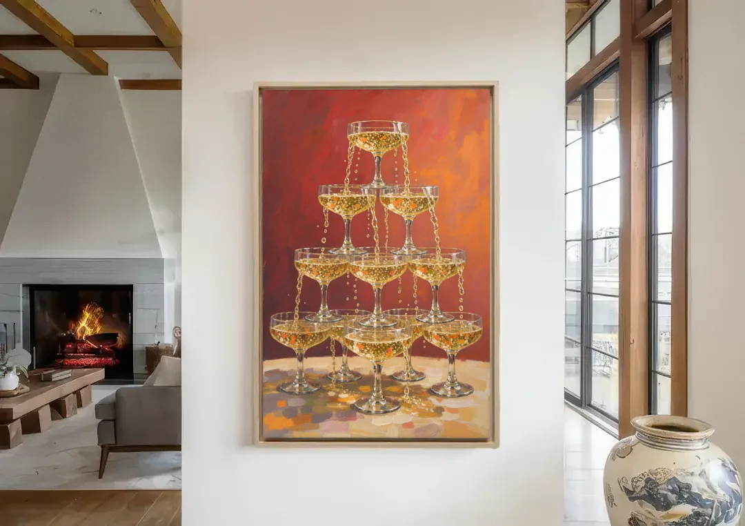 Champagne Coupe Tower Overflowing with Bubbles canvas wall art in a living room with a fireplace