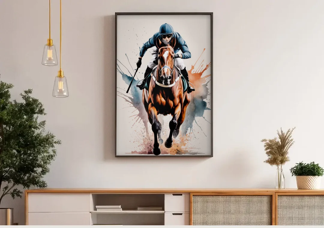Champion Racehorse in Motion canvas wall art above a wooden sideboard under pendant lights