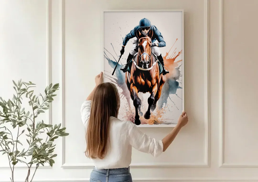 Champion Racehorse in Motion canvas wall art being hung on a paneled wall