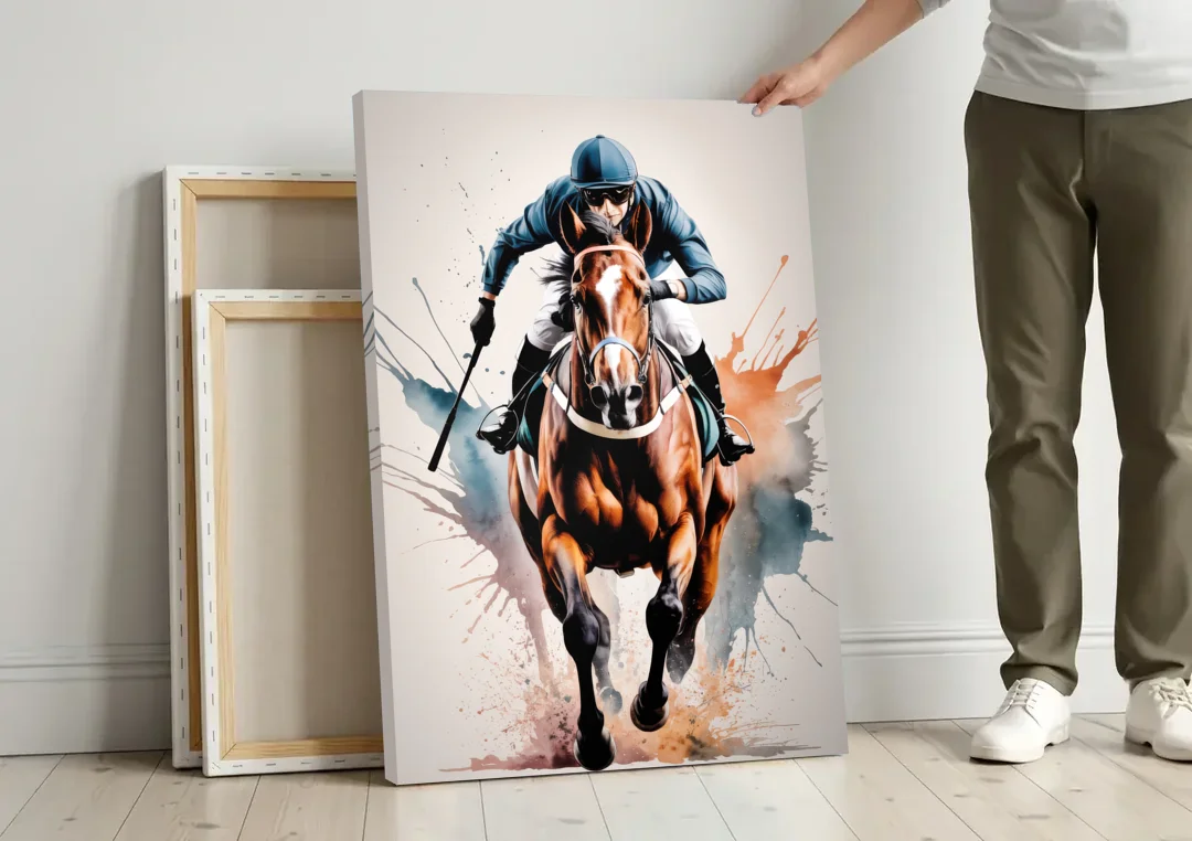 Champion Racehorse in Motion canvas wall art leaning against a wall next to blank canvases
