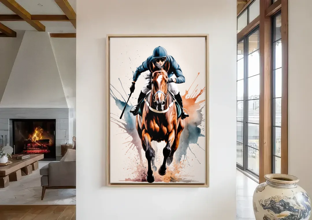 Champion Racehorse in Motion canvas wall art in a living room with a fireplace