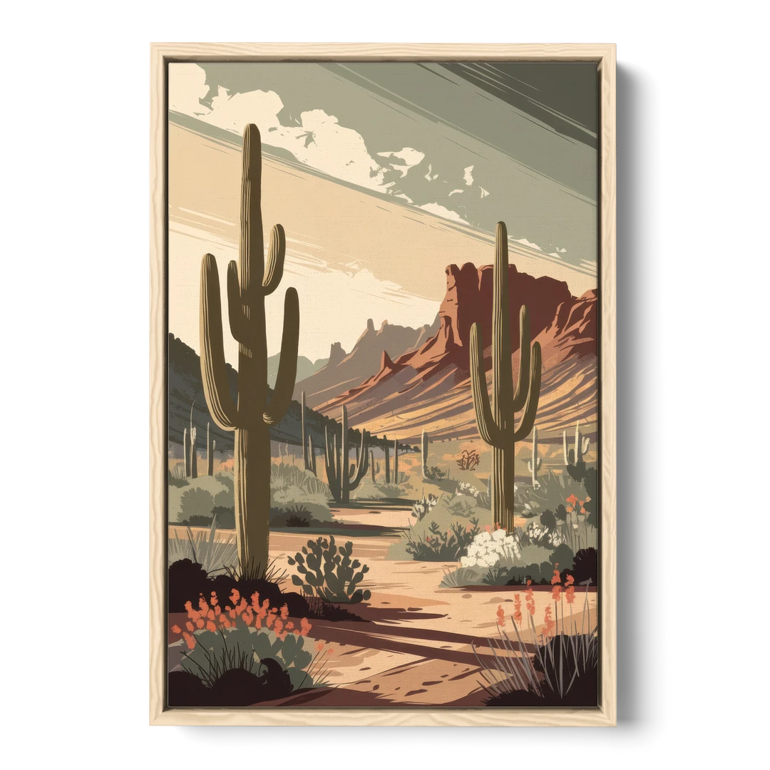 Chandler Arizona Cactus - Oak Framed Canvas Wall Art - Front
