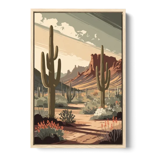 Chandler Arizona Cactus - Oak Framed Canvas Wall Art - Front