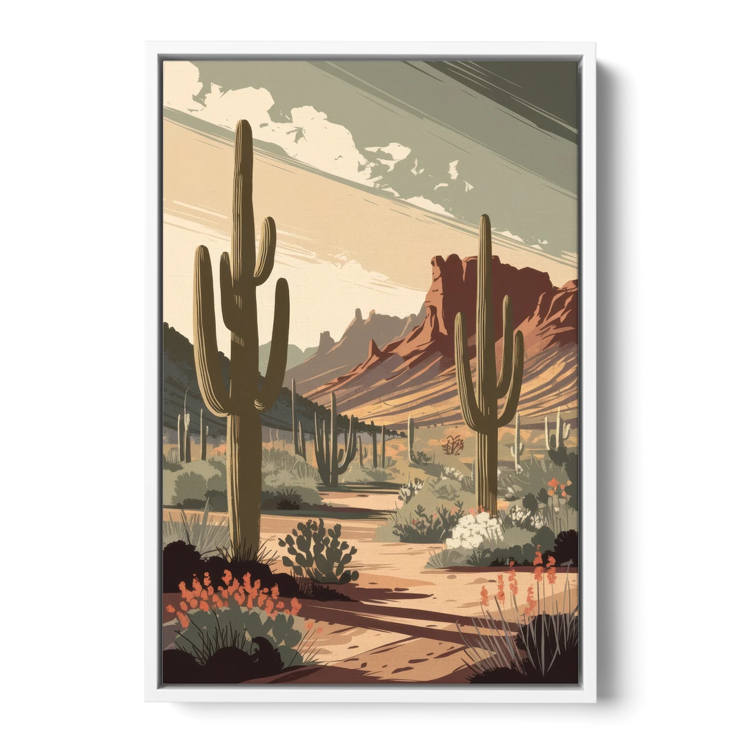 Chandler Arizona Cactus - White Framed Canvas Wall Art - Front