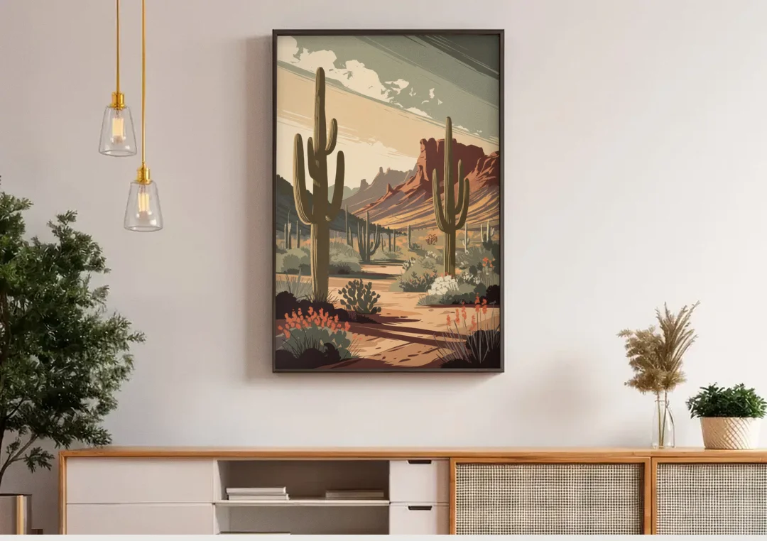 Chandler Arizona Cactus canvas wall art above a wooden sideboard under pendant lights