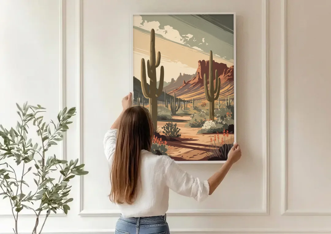 Chandler Arizona Cactus canvas wall art being hung on a paneled wall