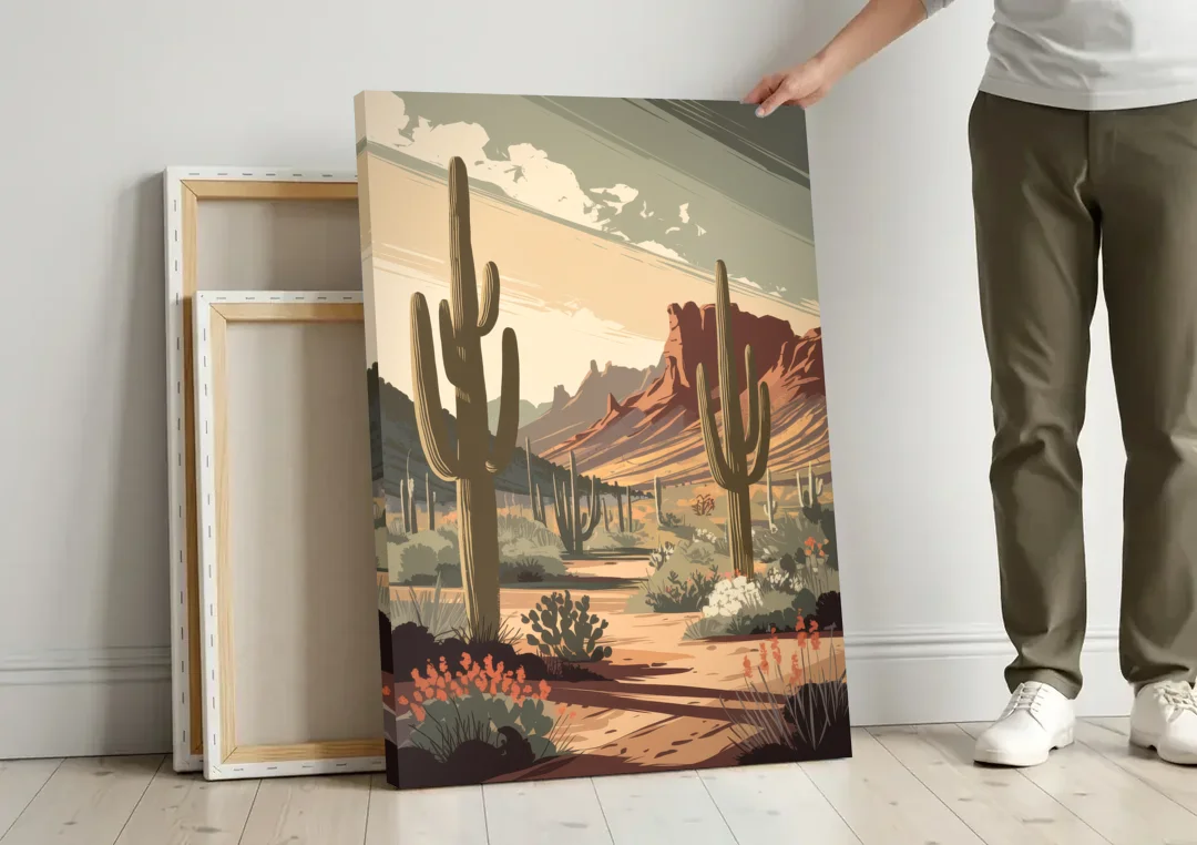 Chandler Arizona Cactus canvas wall art leaning against a wall next to blank canvases