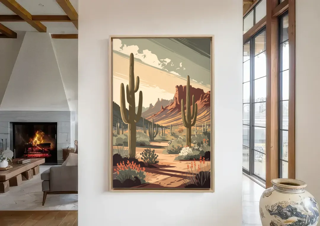 Chandler Arizona Cactus canvas wall art in a living room with a fireplace