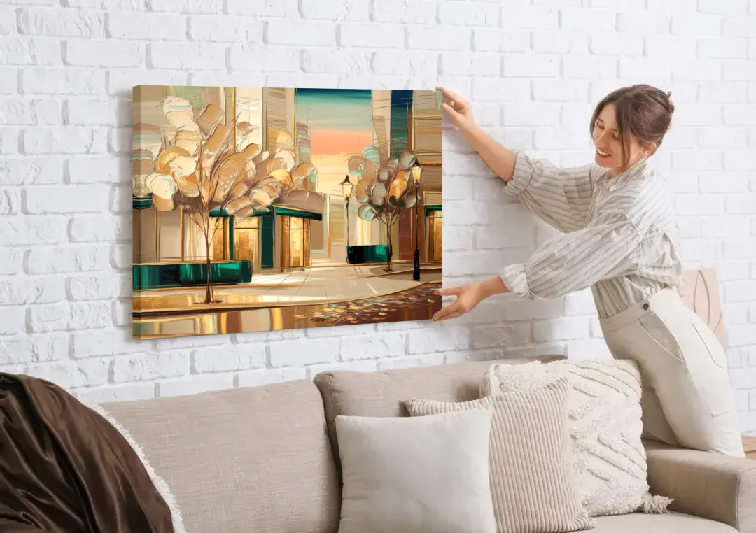 Chandler Artistic Vibes canvas wall art being hung on a white brick wall above a sofa