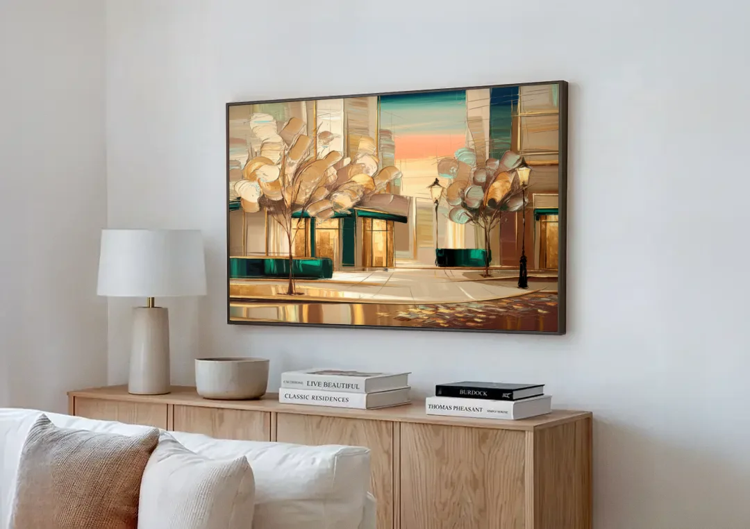 Chandler Artistic Vibes canvas wall art above a wooden sideboard next to a sofa