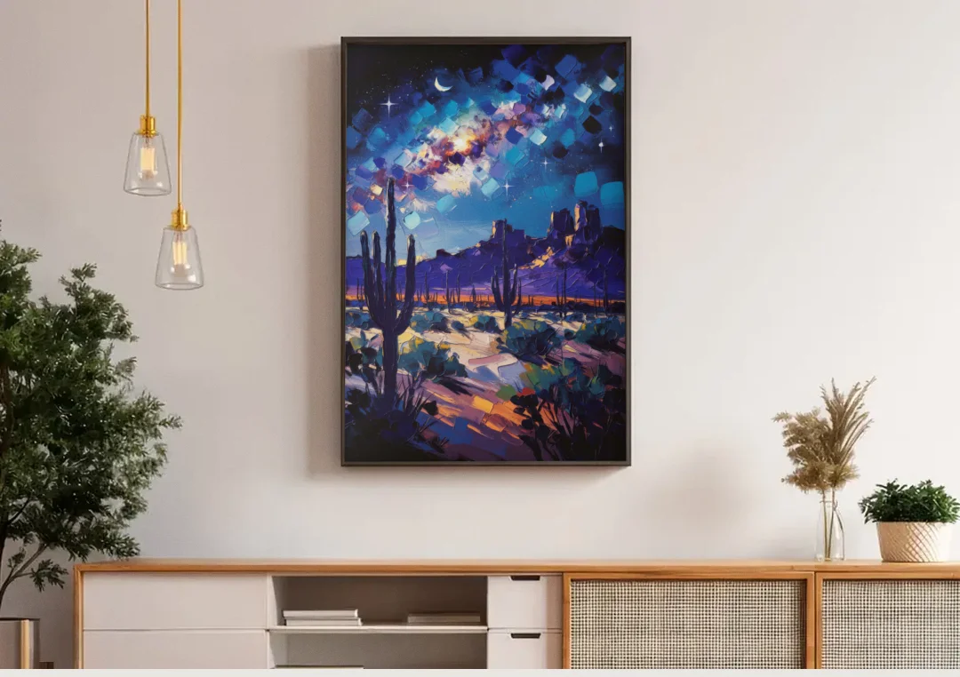 Chandler Desert Night Sky canvas wall art above a wooden sideboard under pendant lights