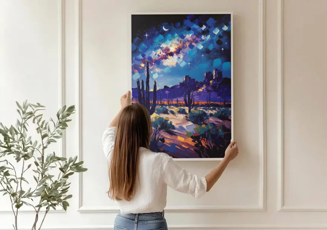 Chandler Desert Night Sky canvas wall art being hung on a paneled wall