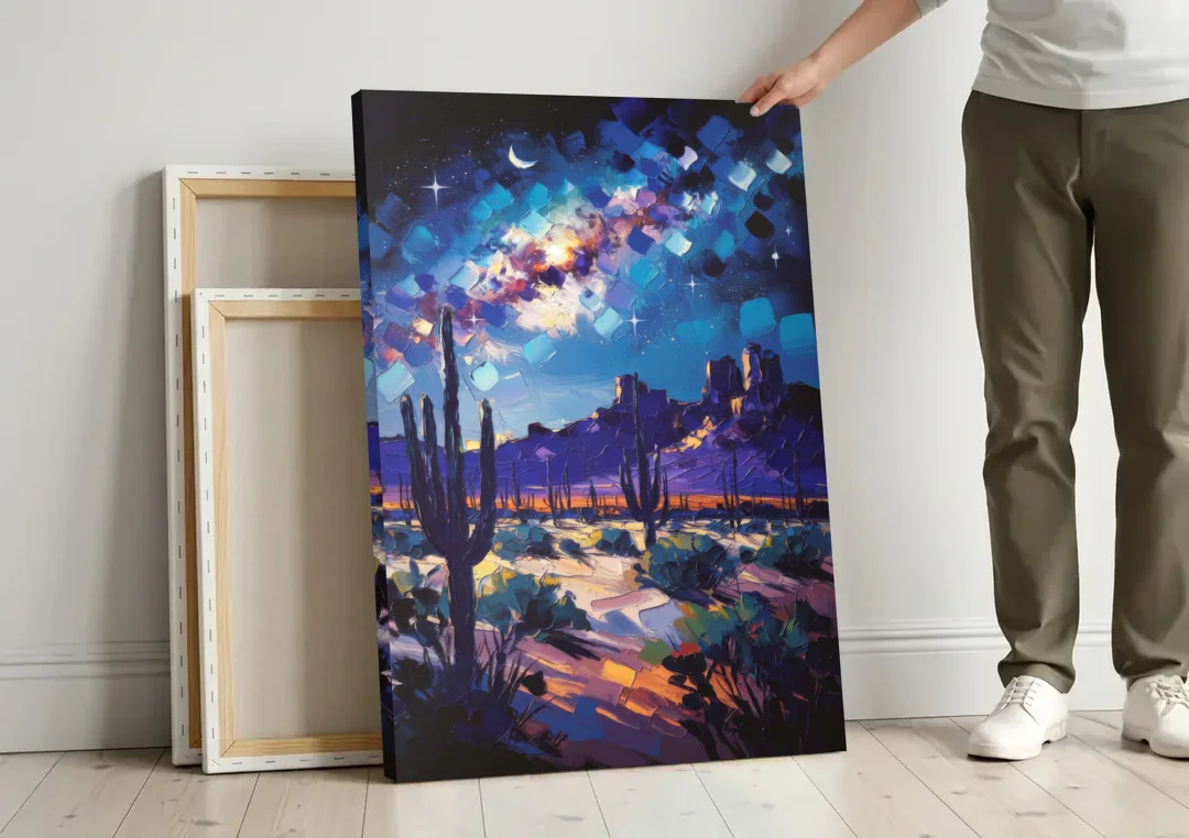 Chandler Desert Night Sky canvas wall art leaning against a wall next to blank canvases