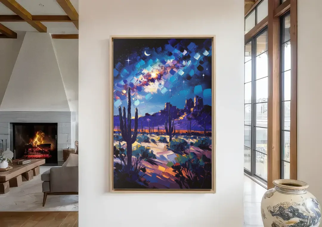Chandler Desert Night Sky canvas wall art in a living room with a fireplace