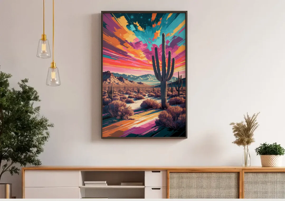 Chandler Desert Sunset canvas wall art above a wooden sideboard under pendant lights