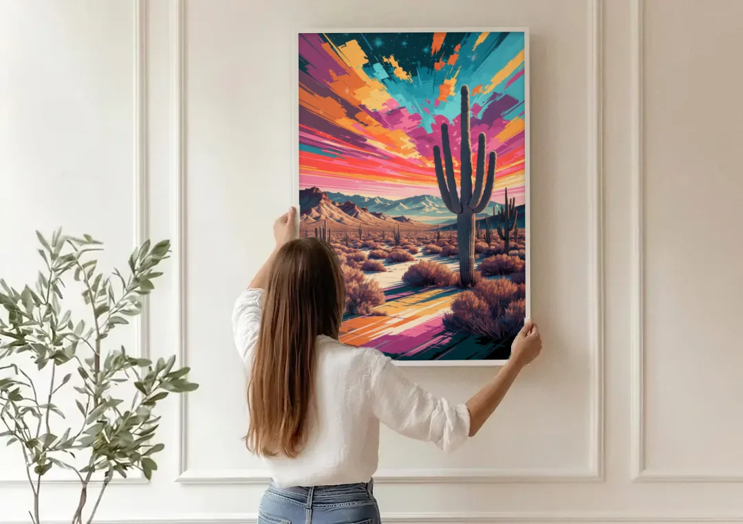 Chandler Desert Sunset canvas wall art being hung on a paneled wall