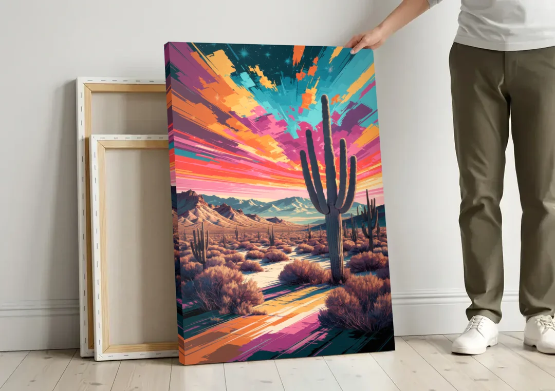 Chandler Desert Sunset canvas wall art leaning against a wall next to blank canvases