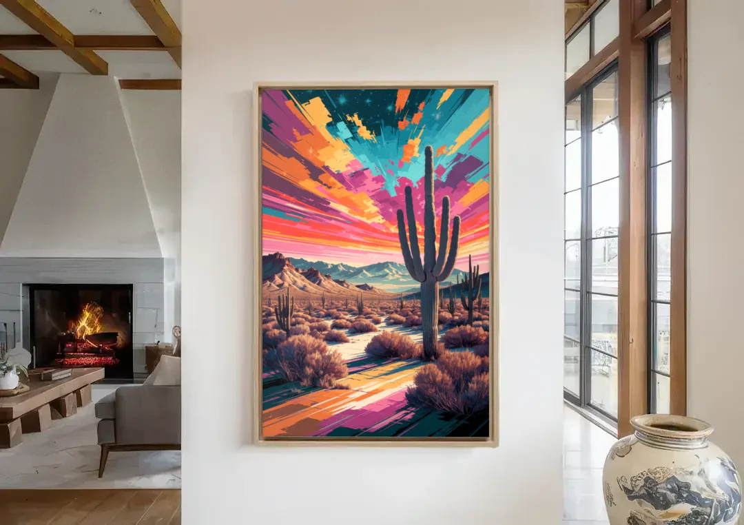Chandler Desert Sunset canvas wall art in a living room with a fireplace